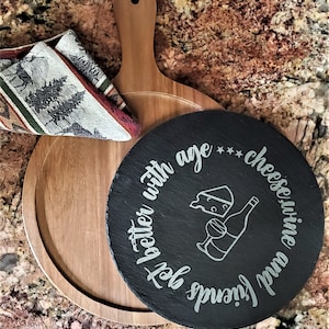 Round Wood and Slate Cheese Board, Slate Serving, Round Wood Serving Board w/ Slate, Charcuterie Personalized Round Wood Slate Serving Board