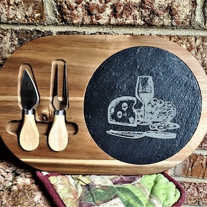 Personalized Oval Wood and Slate Cheese Board, Charcuteria Board with Utensils, Custom Laser Engraved, Personalized Cheese Board, Customized