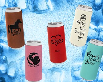Lasered Leatherette Slim Can Holder: Custom Seltzer Cooler