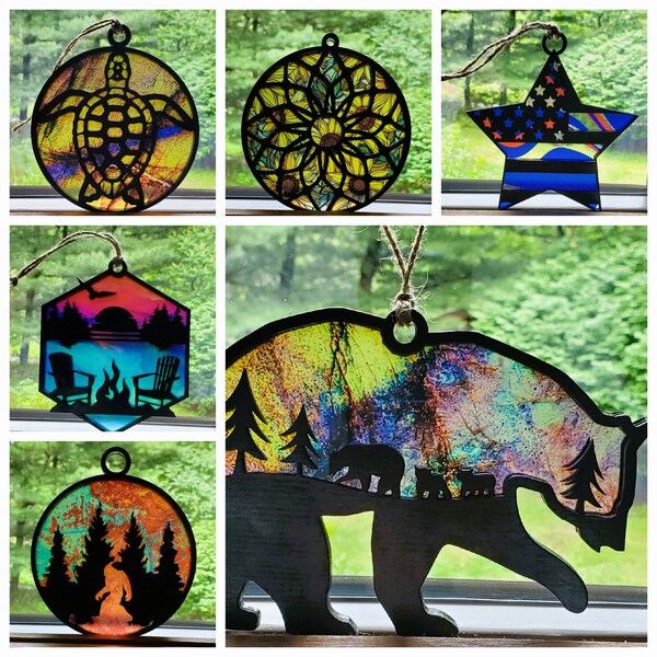 Suncatchers, Mountain Suncatcher, Sea Turtle, Bear Suncatcher, 4th of July Star,  Bigfoot, Dragonfly Laser Cut Acrylic Suncatchers with Wood