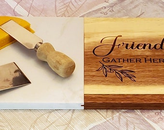 Personalized Marble and Acacia Wood Serving Board, Engraved Cheese Board