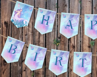 Mermaid Happy Birthday Banner, Ocean Theme (Printable PDF)