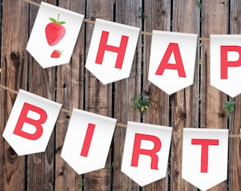 Happy Birthday Banner Strawberry Birthday Banner Berry Excited Girl Birthday Berry First Banner Instant Download Printable