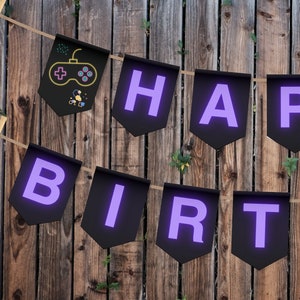 Happy Birthday Banner Gamer Birthday Banner Video Game Theme Birthday Purple Banner Instant Download Printable - 0101