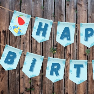 Happy Birthday Banner Pool Party Birthday Banner Splish Splash Theme Blue Green Beach Ball Birthday Banner Instant Download Printable - 0105
