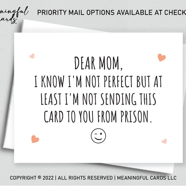 Funny Mothers Day Card, Funny Birthday Card For Mom, At Least Not From Prison, Funny Card From Son, Funny Card From Daughter, Mom Christmas