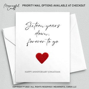 Sixteenth anniversary card, sixteen years down forever to go, personalized anniversary card for him, anniversary card for her, 16th