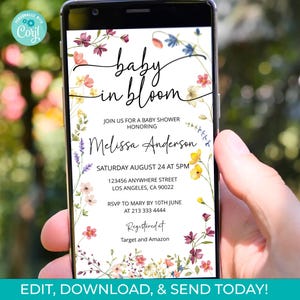 Plantillas móviles editables de invitaciones para baby shower con flores silvestres, plantilla de texto con flores silvestres para baby shower, descarga instantánea