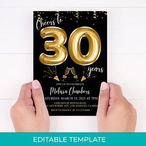 30th Birthday Editable Invitation 30th Invite Gold Invitation, Balloons, For Him or Her Instant Download Printable, Editable DIY