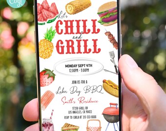 Editable Labor Day BBQ Invitation, Chill & Grill, Digital Phone Invite