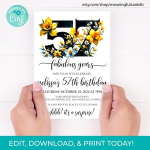 Floral 57th Birthday Invitation Template: Elegant Printable (Digital Download)