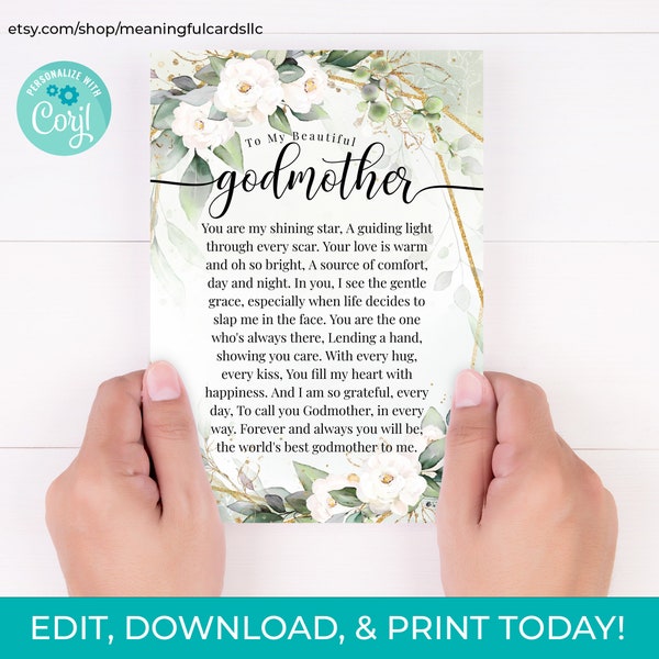 EDITABLE to my godmother printable download, sentimental godmother poem card, mother's day card instant download template