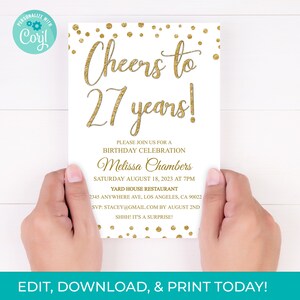 27th Birthday Invitation 27th Invite Gold Glitter Invitation, Editable 27 Years Printable Instant Download, DIY