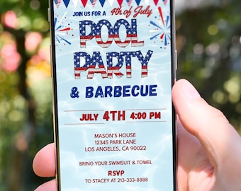 Plantilla de invitación digital editable para fiesta en la piscina con barbacoa del 4 de julio, invitación electrónica, invitación a la barbacoa del 4 de julio, invitación digital del 4 de julio