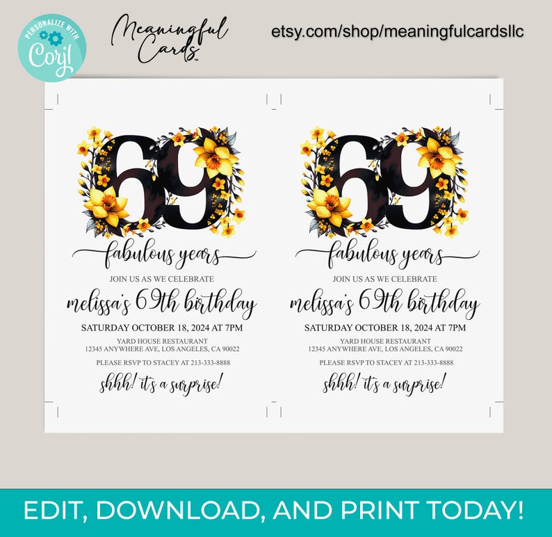 Elegant Floral 69th Birthday Invitation Template (digital Download) - Etsy