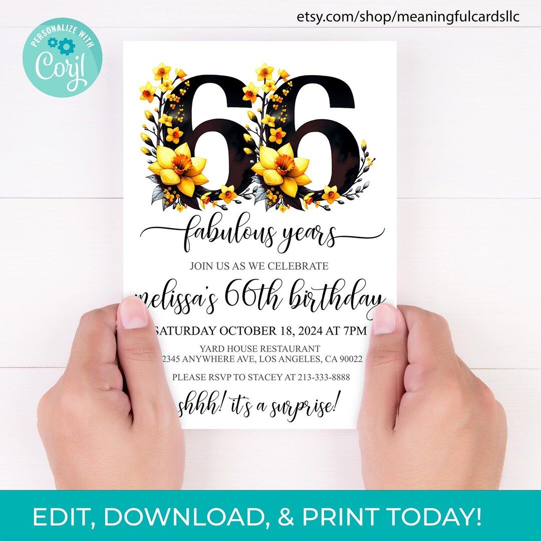 Editable Sixty Sixth Birthday Invitation Template Print at Home