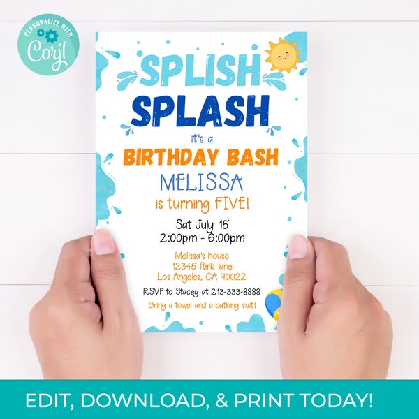 Editable Splish Splash Birthday Invitation Pool Party Beach Ball Blue Birthday Bash Download Printable Invite Template