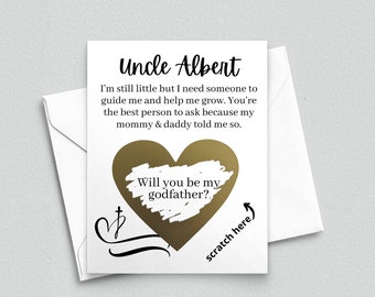 Può includere: Un biglietto bianco con lettere dorate che dicono "Zio Albert" e un cuore dorato con il testo "Vuoi essere il mio padrino?" sotto. Il cuore ha un'area da grattare che dice "gratta qui".