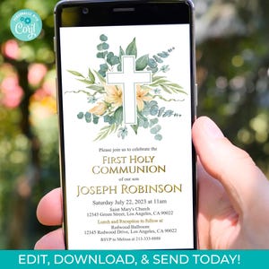 Modello di invito modificabile per la prima comunione, invito digitale per la prima comunione, invito per cellulare con download immediato