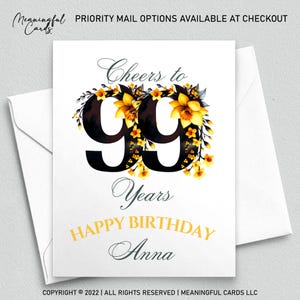 Conception florale personnalisée de carte d'anniversaire de 99e, carte d'anniversaire personnalisée de quatre-vingt-dix-neuvième avec des fleurs