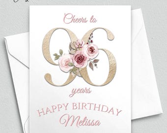 Personalized 96th Birthday Card, Pink Gold Boho Floral Design