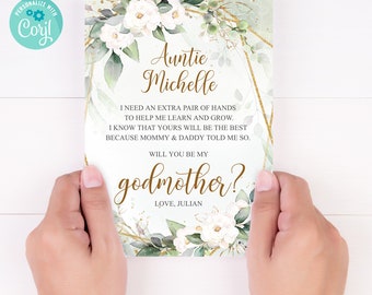 EDITABLE will you be my godmother printable download, greenery godmother card, godmother proposal instant download, godmother poem download