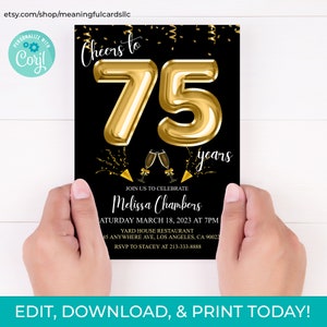 75th Birthday Editable Invitation 75th Invite Gold Invitation, Balloons, For Him or Her Instant Download Printable, Editable DIY