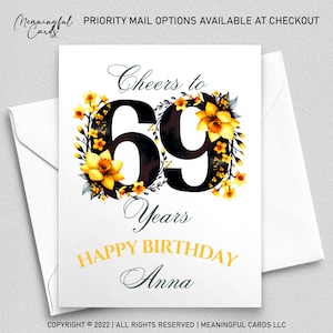 Conception florale personnalisée de carte d'anniversaire de 69 ans, carte d'anniversaire personnalisée de soixante-neuvième anniversaire avec des fleurs
