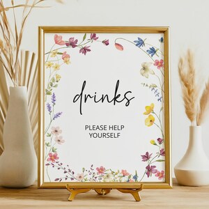 Drinks Sign, Editable Wedding Drinks Template Wildflower Beverages Floral Sign, Instant Download