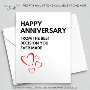 Happy Anniversary from the best decision you ever made funny wedding anniversary card for her snarky sarcastic greeting card for wife