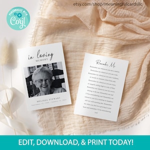 Prayer Card Template, Memorial Prayer Card, Minimalist Funeral, Prayer Poem, Obituary, Digital Download, Instant Download