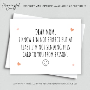 Funny Mothers Day Card, Funny Birthday Card For Mom, At Least Not From Prison, Funny Card From Son, Funny Card From Daughter, Mom Christmas