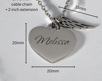Personalized Heart Name Necklace with Angel Wings: Memorial Gift