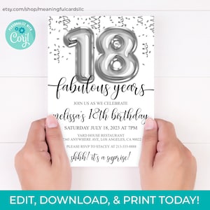 18th Birthday Editable Invitation 18th Invite Silver Balloons Party, For Him or Her Instant Download Printable, Editable DIY