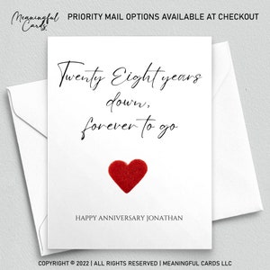Twenty eighth anniversary card, twenty eight years down forever to go, personalized anniversary card for him, anniversary card for her, 28th