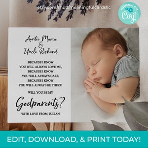 Descarga imprimible editable minimalista "¿Serán mis padrinos?", propuesta de padrinos con foto de descarga instantánea, imagen de poema de padrinos