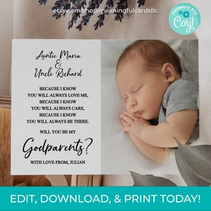 EDITABLE minimalist will you be my godparents printable download, godparents proposal with photo instant download, godparents poem picture