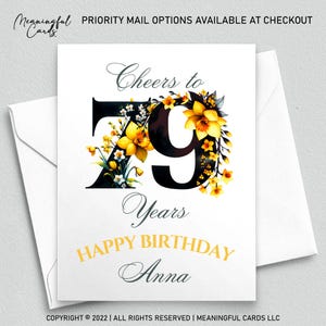 Conception florale personnalisée de carte de 79e anniversaire, carte personnalisée de soixante-dix-neuvième anniversaire avec des fleurs