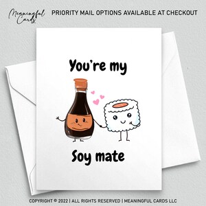 Carte drôle de compagnon de soja pour les amateurs de sushi, carte d'amour You're My Soy Mate, sashimi, jeu de mots de cuisine japonaise