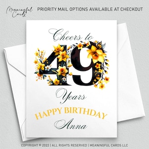 Conception florale personnalisée de carte d'anniversaire de 49e anniversaire, carte personnalisée de quarante-neuvième anniversaire avec des fleurs