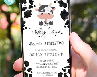 Editable Holy Cow Birthday Invitation Template, Electronic Invite, Cute Cow Invite, Baby Boy Birthday Party Theme Digital Invitation Phone