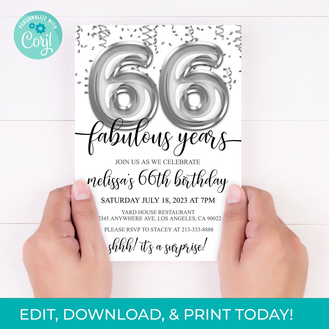 66th Birthday Editable Invitation 66th Invite Silver Balloons Party