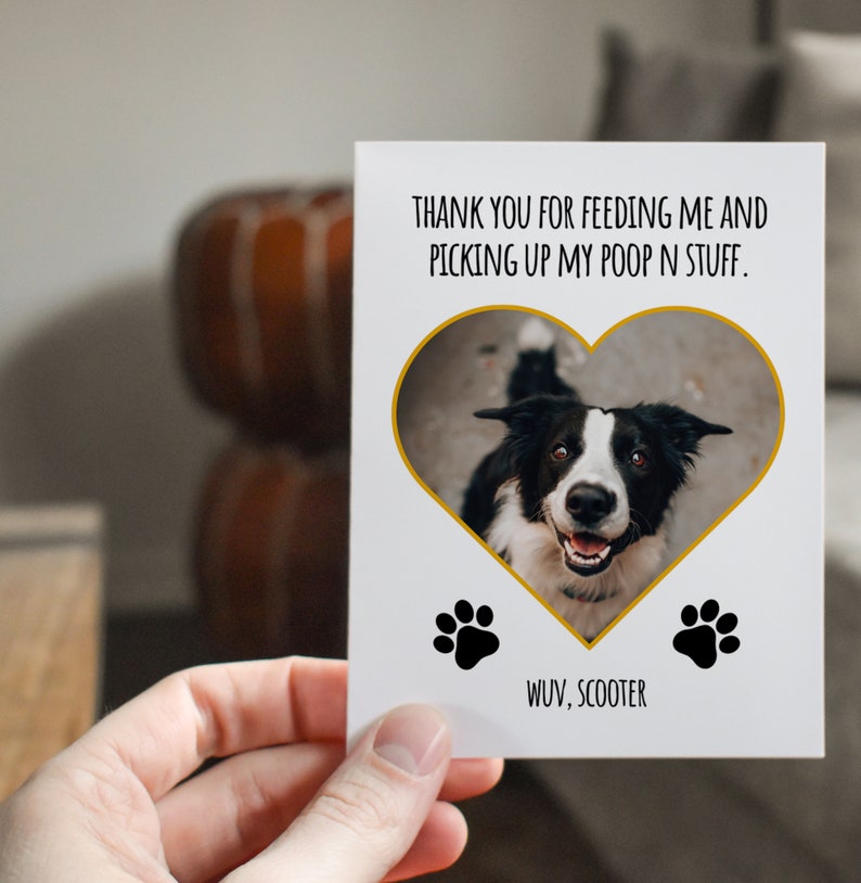 May include: A white card with a black and white dog photo in a gold heart-shaped frame. The card says "THANK YOU FOR FEEDING ME AND PICKING UP MY POOP N STUFF." and "WUV, SCOOTER" with two black paw prints.