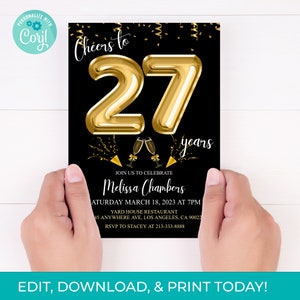 27th Birthday Invitation 27th Invite Black Gold Balloons Invitation, Editable 27 Years Printable Instant Download, DIY