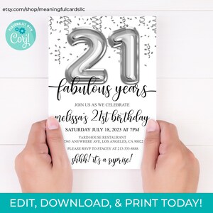 21st Birthday Editable Invitation 21st Invite Silver Balloons Party, For Him or Her Instant Download Printable, Editable DIY