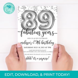 89th Birthday Editable Invitation 89th Invite Silver Balloons Party, For Him or Her Instant Download Printable, Editable DIY