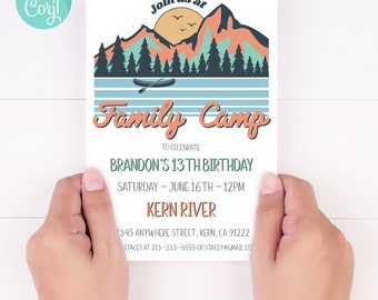 Family Camp Birthday Invitation, Lake Party (Instant Download)