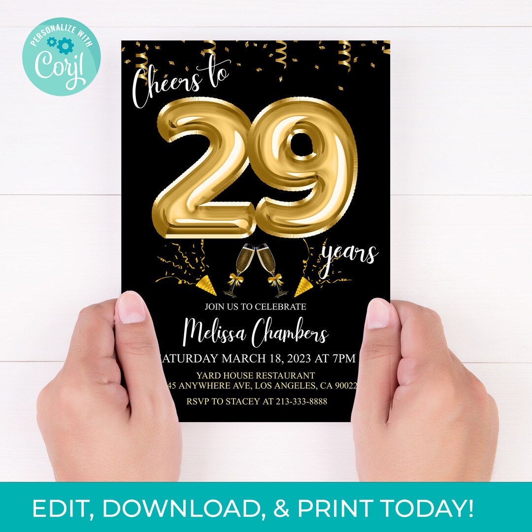 29th Birthday Invitation 29th Invite Black Gold Balloons Invitation