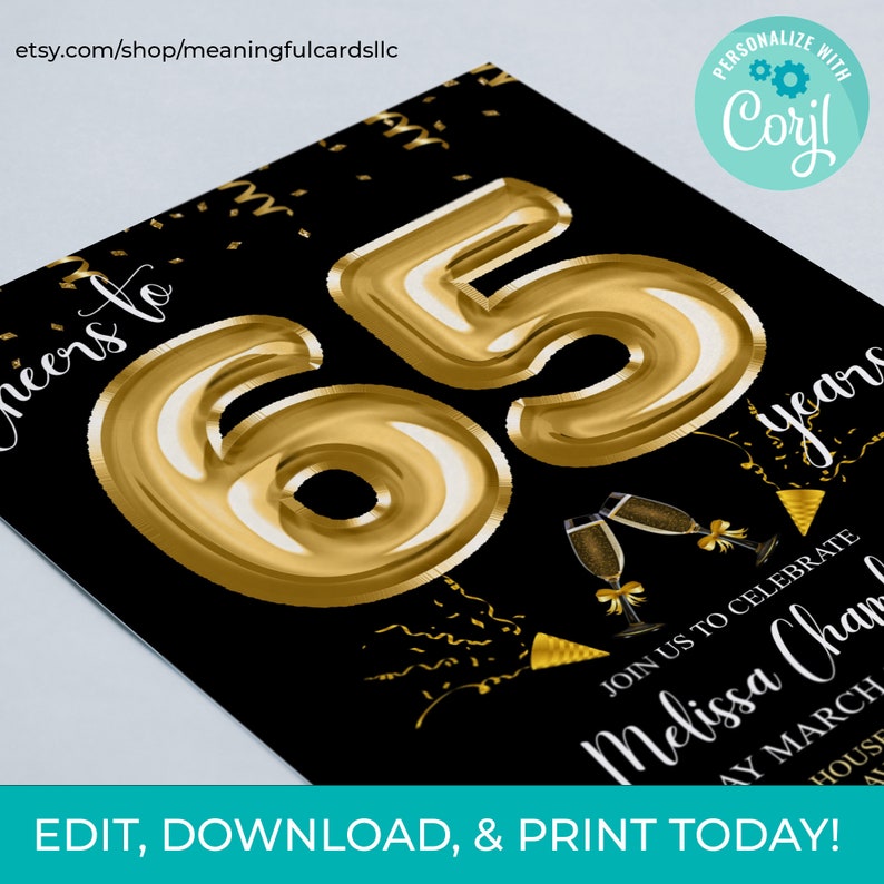 65th Birthday Invitation, Gold Balloons, Editable Template (digital ...