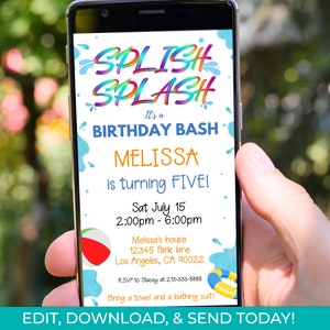 Editable Splish Splash Pool Party Birthday Digital Invitation Template, Electronic Invite Pool Party Invite, Digital Phone Invitation